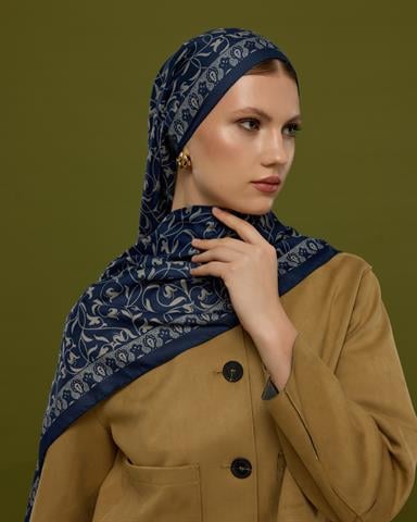 S-LALE-59 Lacivert & Bej Lale Bahçesi Desen Şal