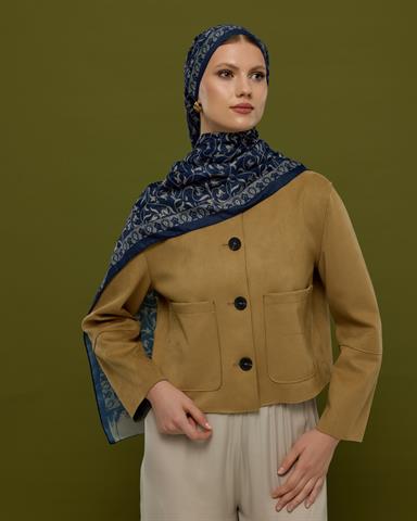 S-LALE-59 Lacivert & Bej Lale Bahçesi Desen Şal