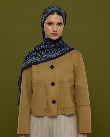 S-LALE-59 Lacivert & Bej Lale Bahçesi Desen Şal