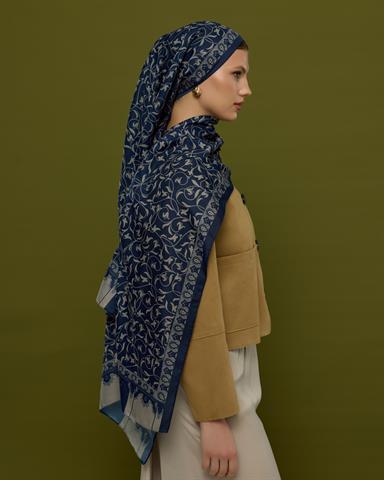 S-LALE-59 Lacivert & Bej Lale Bahçesi Desen Şal