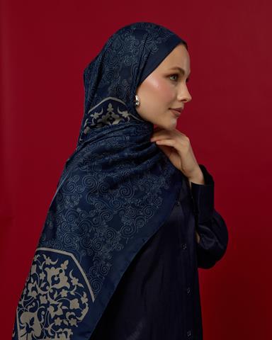 S-SARAYLI-59 Lacivert & Bej Saraylı Desen Şal