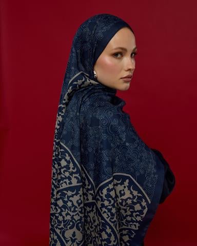 S-SARAYLI-59 Lacivert & Bej Saraylı Desen Şal