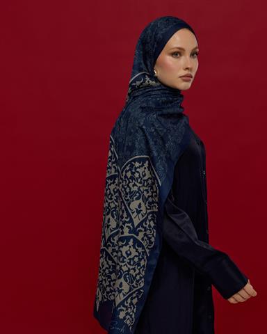 S-SARAYLI-59 Lacivert & Bej Saraylı Desen Şal