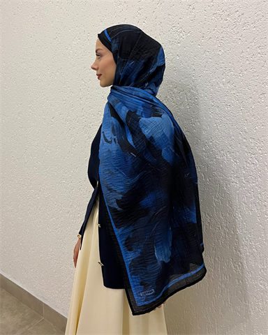 Lacivert Floral Desenli Müslin Şal
