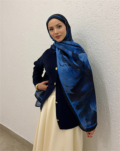 Lacivert Floral Desenli Müslin Şal