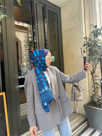 Lacivert Tartan Desen Şal 