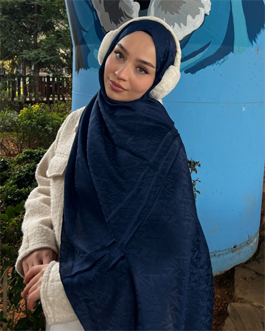 Lacivert Triya Desen Jakar Şal
