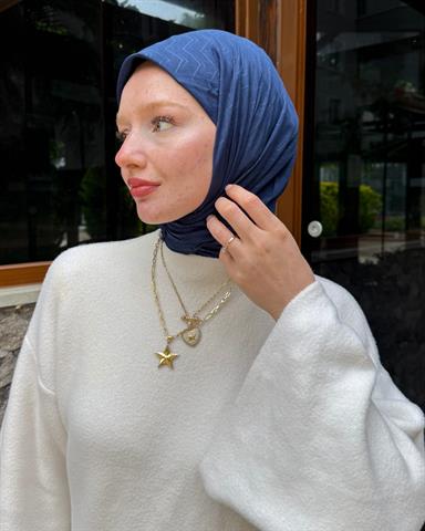 Lacivert Zikzak Lyocell Bambu Jakar Eşarp