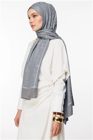 Koyu Gri-Açık Mavi Lavin Desen Çift Taraflı Şal