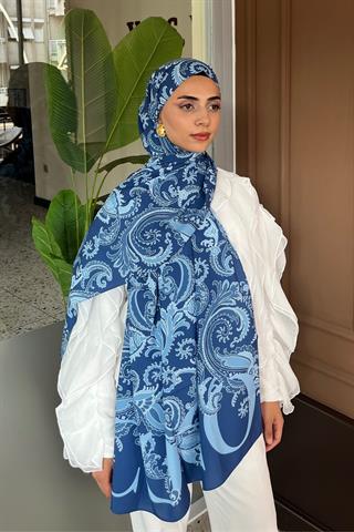 Mavi Deva Desen Pamuk Vual Şal