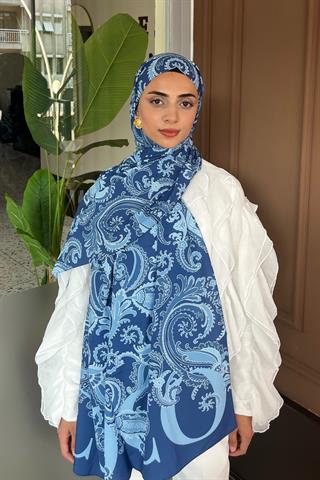 Mavi Deva Desen Pamuk Vual Şal