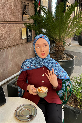 Mavi Yonca Desen Pamuk Vual Şal