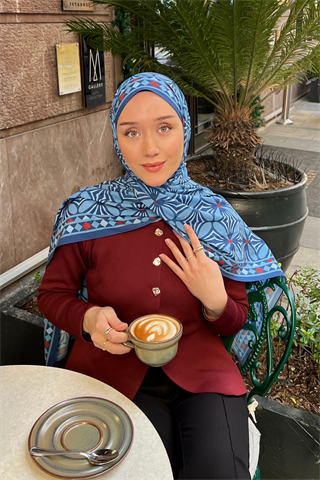 Mavi Yonca Desen Pamuk Vual Şal