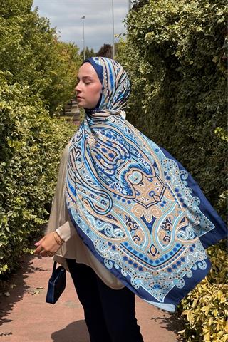 Mavi Zeren Desen İpeksi Şal