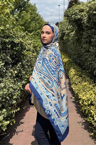 Mavi Zeren Desen İpeksi Şal