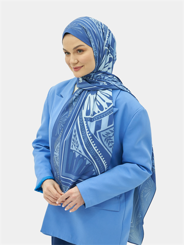 Mavi Zümra Desen Pamuk Vual Şal