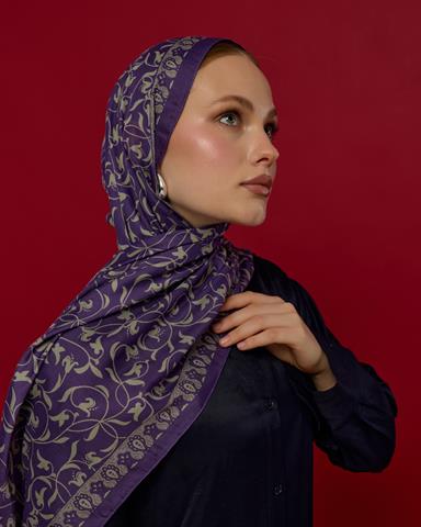 S-LALE-03 Menekşe & Krem Zencefil Lale Bahçesi Desen Şal