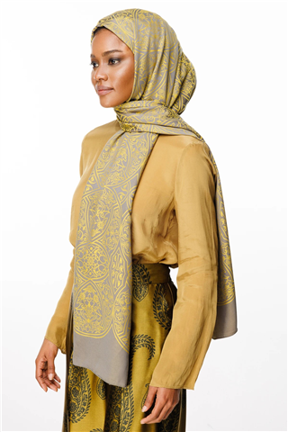 Koyu Gri-Hardal Morocco Desen Çift Taraflı Şal