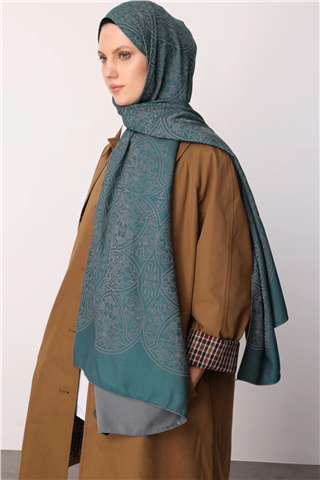 Koyu Gri-Zümrüt Morocco Desen Çift Taraflı Şal