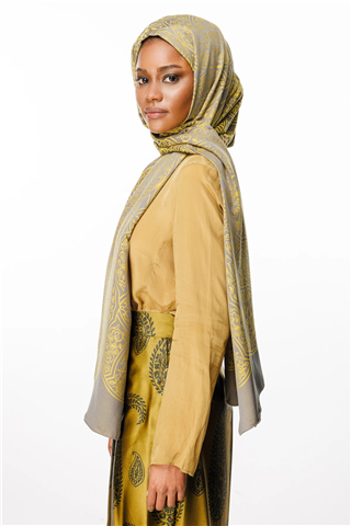 Koyu Gri-Hardal Morocco Desen Çift Taraflı Şal