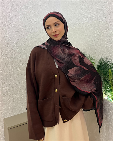 Mürdüm Floral Desenli Müslin Şal