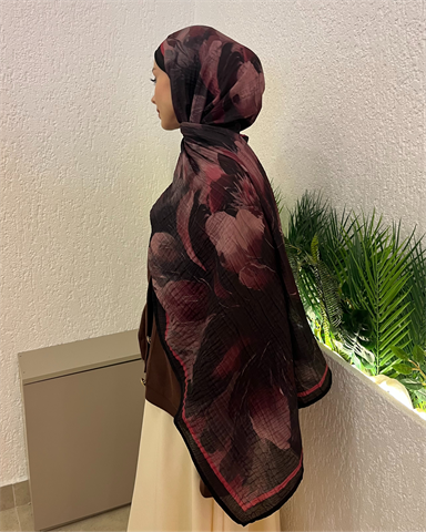Mürdüm Floral Desenli Müslin Şal