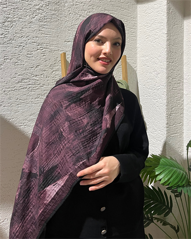 Mürdüm Saçak Desenli Müslin Şal
