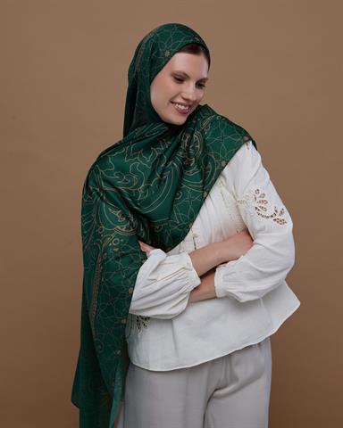 S-EFSUNLU-19 Orman Yeşili & Bronz Şafak Efsunlu Desen Şal