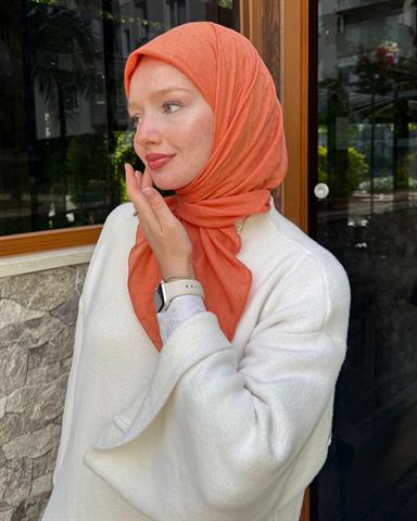 Pastel Turuncu Zikzak Lyocell Bambu Jakar Eşarp