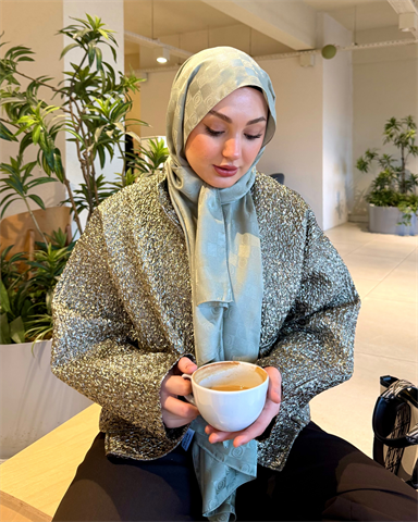 Pastel Yeşili Damier Desen Jakar Şal