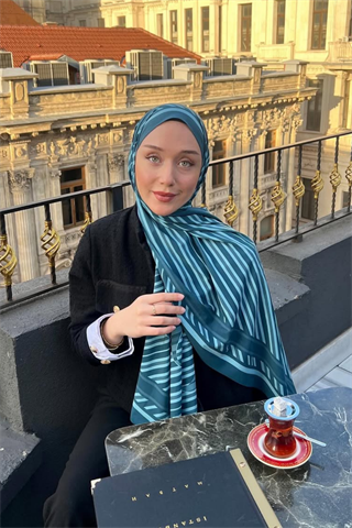 Petrol Çizgi Desen Pamuk Vual Şal