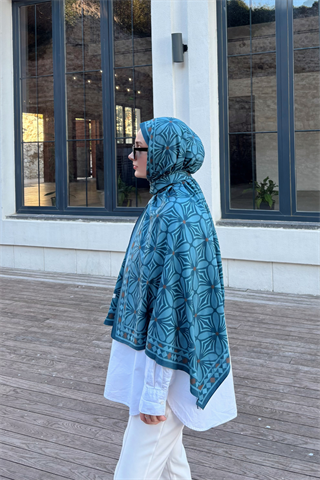 Petrol Yonca Desen Pamuk Vual Şal