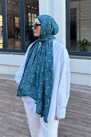 Petrol Yonca Desen Pamuk Vual Şal