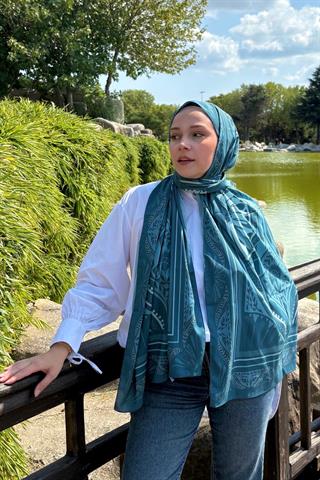 Petrol Zümra Desen Pamuk Vual Şal