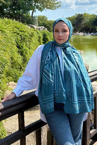 Petrol Zümra Desen Pamuk Vual Şal