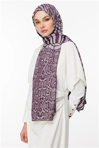 Mor-Gri Riad Desen Çift Taraflı Şal