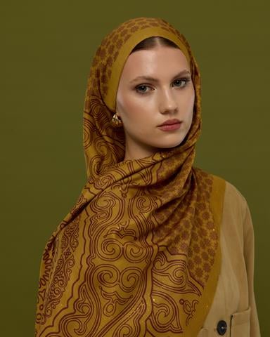 SV-BAL-32 Saf Altın & Tarçın Rüzgarı Bala Hatun Desen  Şal