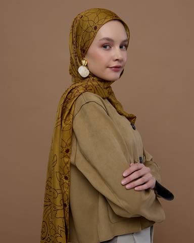 S-EFSUNLU-32 Saf Altın & Tarçın Rüzgarı Efsunlu Desen Şal