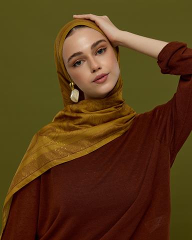 SV-HURREM-32 Saf Altın & Tarçın Rüzgarı Hürrem Desen  Şal