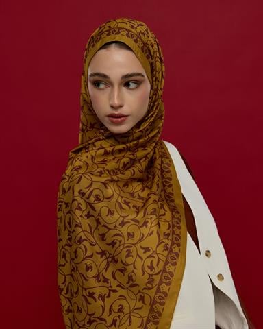 S-LALE-32 Saf Altın & Tarçın Rüzgarı Lale Bahçesi Desen Şal