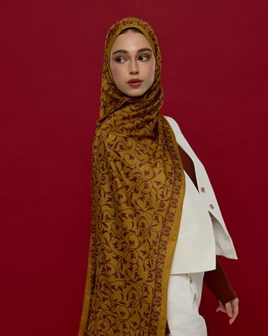 S-LALE-32 Saf Altın & Tarçın Rüzgarı Lale Bahçesi Desen Şal