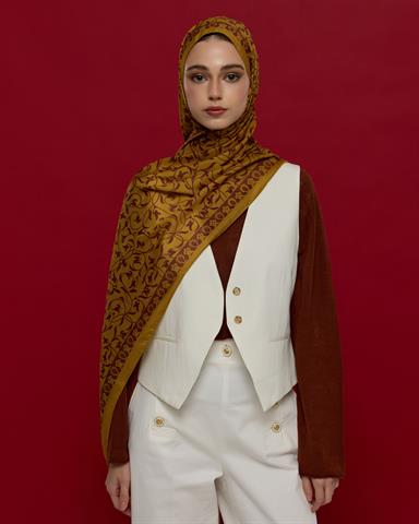 S-LALE-32 Saf Altın & Tarçın Rüzgarı Lale Bahçesi Desen Şal
