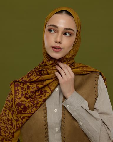 S-SARAYLI-32 Saf Altın & Tarçın Rüzgarı Saraylı Desen Şal