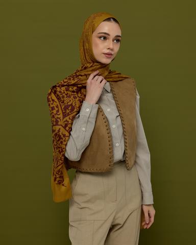 S-SARAYLI-32 Saf Altın & Tarçın Rüzgarı Saraylı Desen Şal