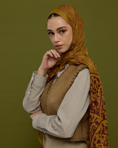 S-SARAYLI-32 Saf Altın & Tarçın Rüzgarı Saraylı Desen Şal