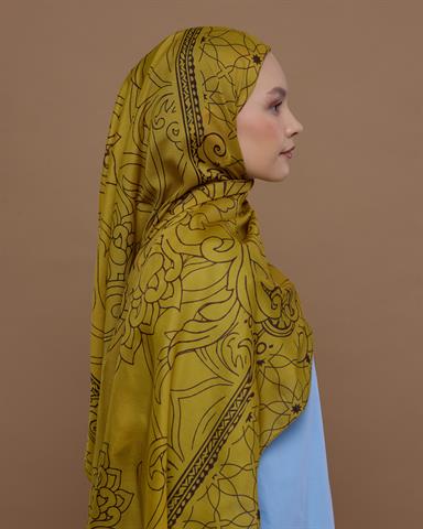 S-EFSUNLU-44 Saf Sarı & Buhur Kahvesi Efsunlu Desen Şal