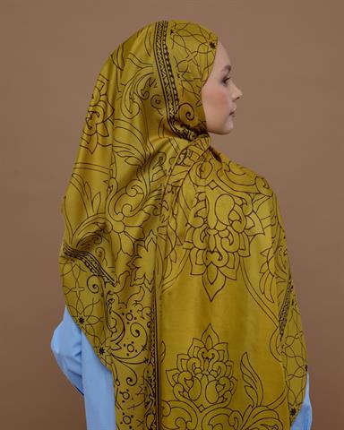 S-EFSUNLU-44 Saf Sarı & Buhur Kahvesi Efsunlu Desen Şal