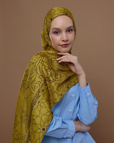 S-EFSUNLU-44 Saf Sarı & Buhur Kahvesi Efsunlu Desen Şal