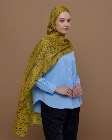 S-EFSUNLU-44 Saf Sarı & Buhur Kahvesi Efsunlu Desen Şal