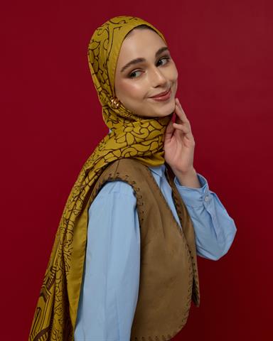 S-HAREM-44 Saf Sarı & Buhur Kahvesi Harem Rüyası Desen Şal
